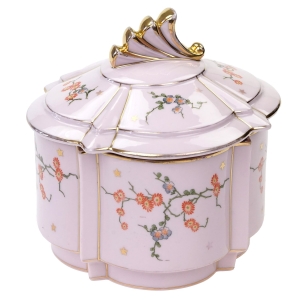 HAVILAND DUŻA BOMBONIERA ART-DECO Z RÓŻOWEJ PORCELANY ORIENTALNE DEKORACJE