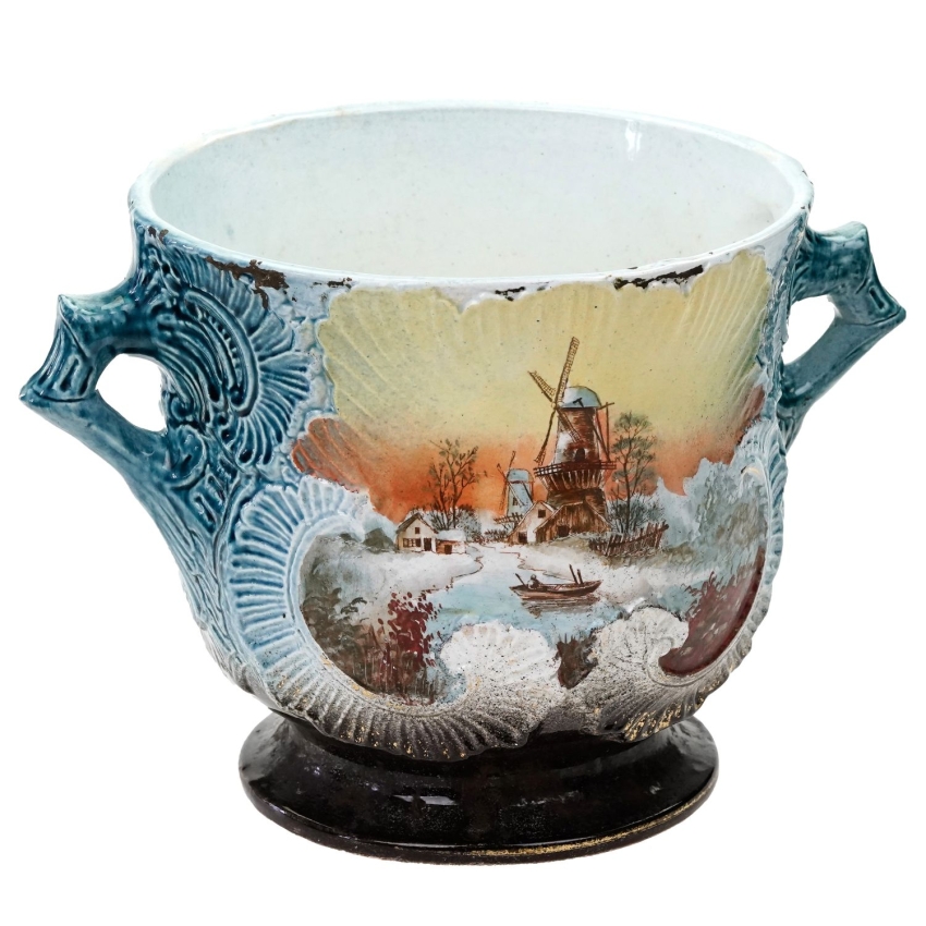 70216 ART NOUVEAU MAJOLIKA DONICA OSŁONKA NA DONICZKĘ PEJZAŻE (1).jpg