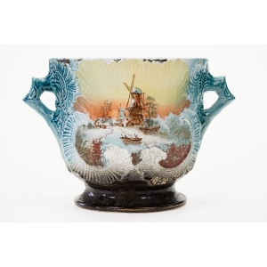 70216 ART NOUVEAU MAJOLIKA DONICA OSŁONKA NA DONICZKĘ PEJZAŻE (2).JPG