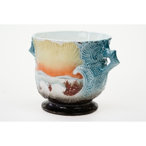 70216 ART NOUVEAU MAJOLIKA DONICA OSŁONKA NA DONICZKĘ PEJZAŻE (5).JPG