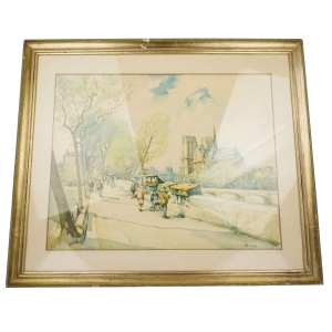 70223 DUŻA AKWARELA Z WIDOKIEM PARYŻA W RAMIE ZA SZKŁEM NOTRE DAME SYGNOWANA (1).jpg