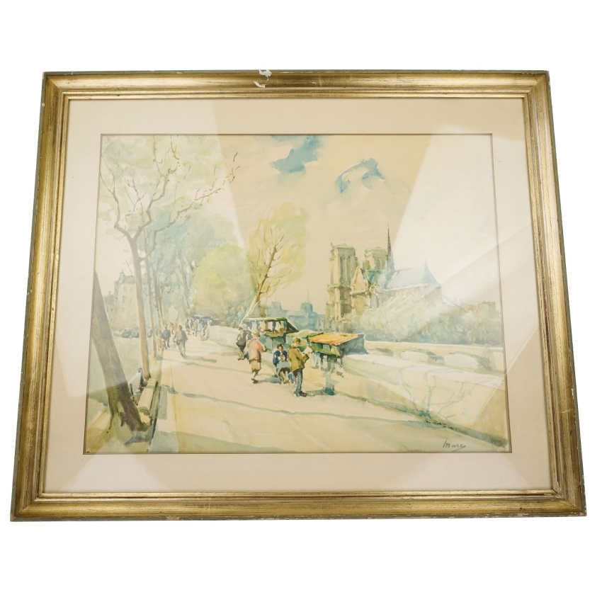 70223 DUŻA AKWARELA Z WIDOKIEM PARYŻA W RAMIE ZA SZKŁEM NOTRE DAME SYGNOWANA (1).jpg