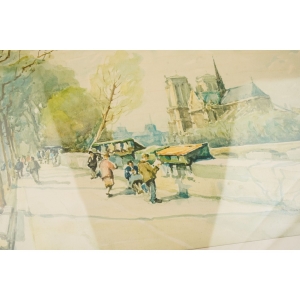 70223 DUŻA AKWARELA Z WIDOKIEM PARYŻA W RAMIE ZA SZKŁEM NOTRE DAME SYGNOWANA (2).JPG