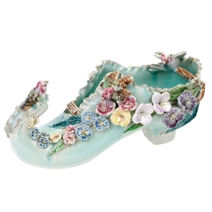 70496 ART NOUVEAU SECESJA FANTASTYCZNA ŻARDINIERA MAJOLIKA PANTOFELEK KWIATY I PTAKI (1).jpg