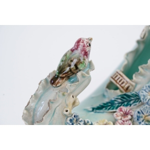 70496 ART NOUVEAU SECESJA FANTASTYCZNA ŻARDINIERA MAJOLIKA PANTOFELEK KWIATY I PTAKI (2).JPG