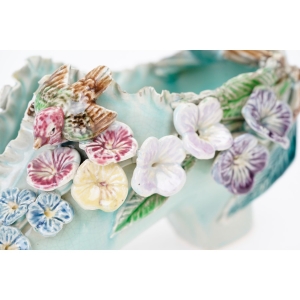 70496 ART NOUVEAU SECESJA FANTASTYCZNA ŻARDINIERA MAJOLIKA PANTOFELEK KWIATY I PTAKI (3).JPG