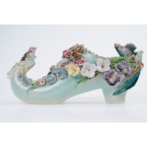 70496 ART NOUVEAU SECESJA FANTASTYCZNA ŻARDINIERA MAJOLIKA PANTOFELEK KWIATY I PTAKI (4).JPG