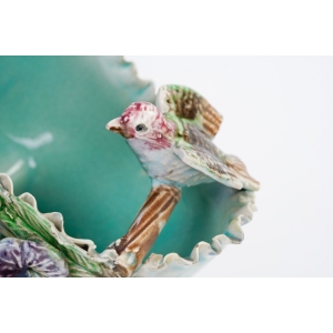 70496 ART NOUVEAU SECESJA FANTASTYCZNA ŻARDINIERA MAJOLIKA PANTOFELEK KWIATY I PTAKI (5).JPG