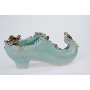 70496 ART NOUVEAU SECESJA FANTASTYCZNA ŻARDINIERA MAJOLIKA PANTOFELEK KWIATY I PTAKI (6).JPG