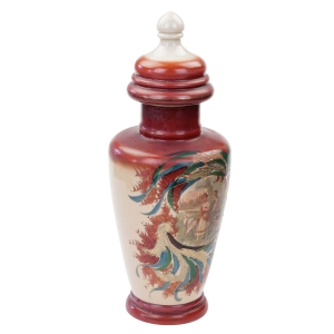 SECESJA AMFORA URNA WAZON Z POKRYWĄ RĘCZNIE MALOWANY KWIAT I ROMANTYCZNA SCENKA