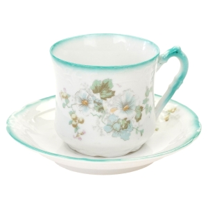 FILIŻANKA ZE SPODKIEM RELIEFY I KWIATKI SECESJA