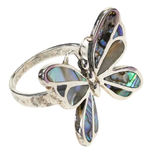 MOTYL SREBRNY PIERŚCIONEK PRÓBA 925 Z MUSZLĄ ABALONE R. 18,5 WAGA 9,6 G