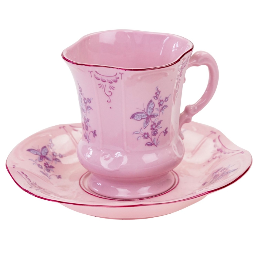 71921 STRUŽNA GRANIASTA FILIŻANKA ZE SPODKIEM Z RÓŻOWEJ PORCELANY FIOLETOWE KWIATKI I MOTYLKI (1).jpg