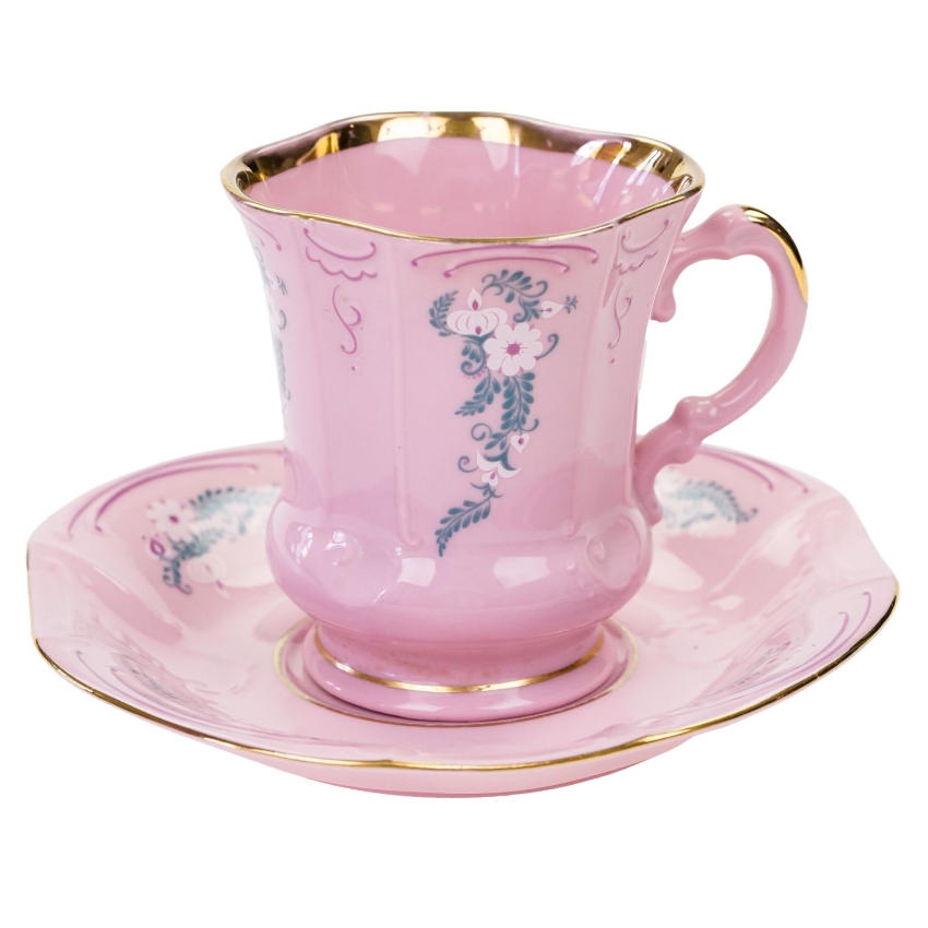 71922 STRUŽNA GRANIASTA FILIŻANKA ZE SPODKIEM Z RÓŻOWEJ PORCELANY BIAŁE KWIATKI I LISTECZKI (1).jpg