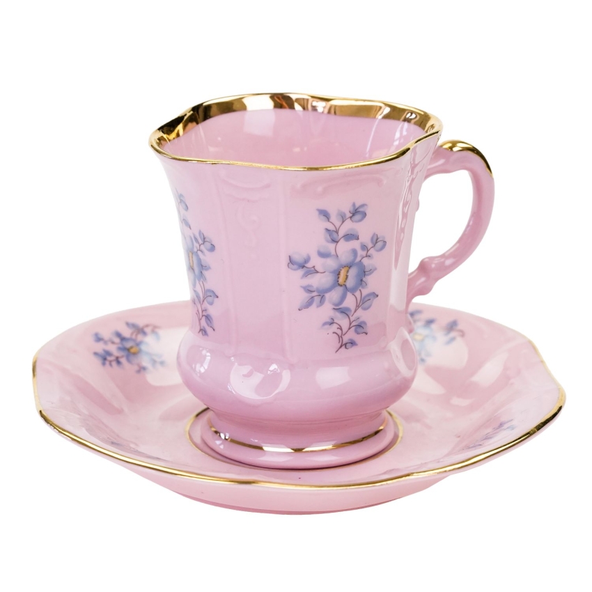 71924 STRUŽNA GRANIASTA FILIŻANKA ZE SPODKIEM Z RÓŻOWEJ PORCELANY BŁĘKITNE KWIATKI (1).jpg