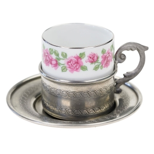 FILIŻANKA DO MOKKI W CYNOWYM KOSZYCZKU NA CYNOWYM SPODECZKU