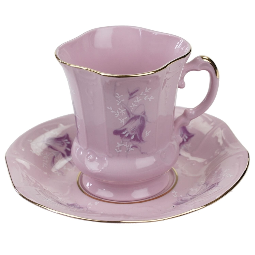54809 STRUŽNA GRANIASTA FILIŻANKA ZE SPODKIEM Z RÓŻOWEJ PORCELANY FIOLETOWE DZWONKI KWIATY (1).jpg