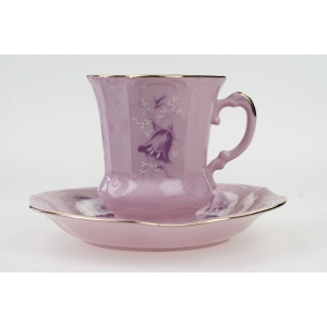 54809 STRUŽNA GRANIASTA FILIŻANKA ZE SPODKIEM Z RÓŻOWEJ PORCELANY FIOLETOWE DZWONKI KWIATY (2).JPG