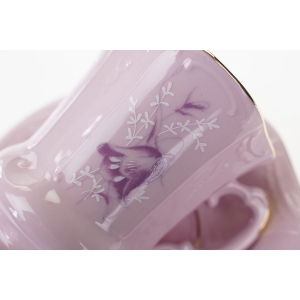 54809 STRUŽNA GRANIASTA FILIŻANKA ZE SPODKIEM Z RÓŻOWEJ PORCELANY FIOLETOWE DZWONKI KWIATY (3).JPG