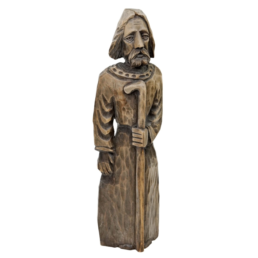 73077 STARA DREWNIANA RZEŹBA WĘDROWIEC PASTERZ Z LASKĄ 49 CM (1).jpg