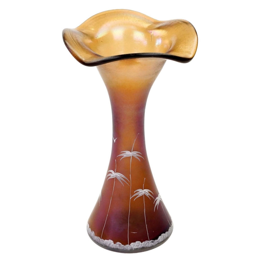 73253 CARNIVAL GLASS IRYZOWANY WAZON Z FALBANKĄ RĘCZNIE MALOWANY (1).jpg