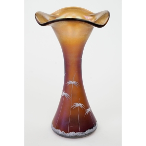 73253 CARNIVAL GLASS IRYZOWANY WAZON Z FALBANKĄ RĘCZNIE MALOWANY (2).JPG