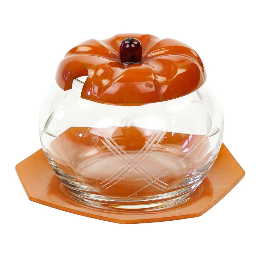 73595 BAKELIT I SZLIFOWANE SZKŁO JABŁKO POJEMNIK NA DŻEM MARMOLADĘ (1).jpg