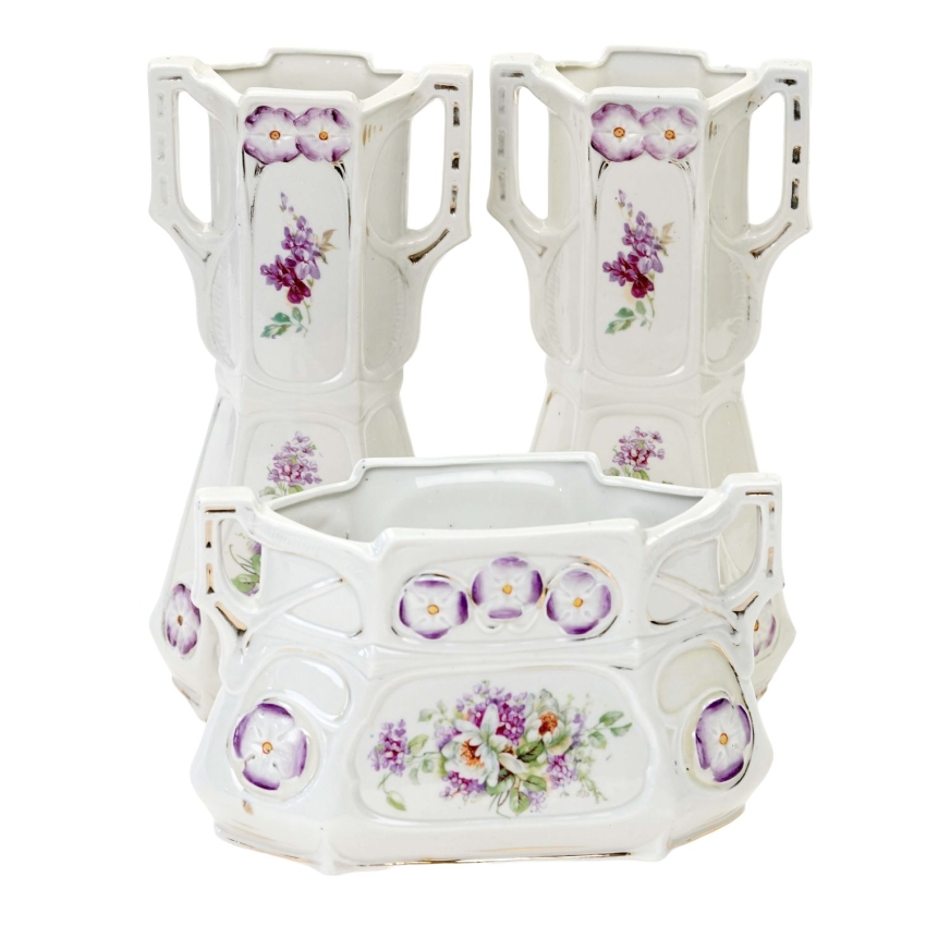 73599 ART NOUVEAU MAJOLIKA PARA WAZONÓW Z ŻARDINIERĄ W KWIATY (1).jpg