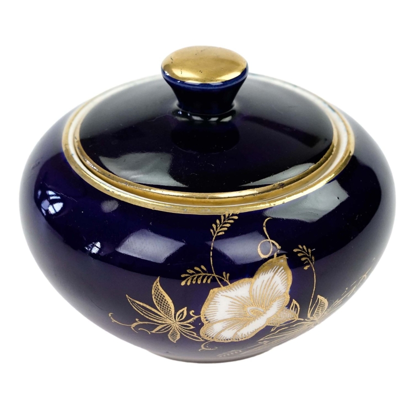 73601 ŚLICZNA KOBALTOWA CUKIERNICZKA ZE ZŁOCENIAMI POWOJE (1).jpg