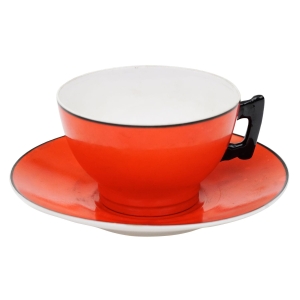 ĆMIELÓW CZERWONA FILIŻANKA ZE SPODKIEM Z SERWISU PŁASKIEGO ART-DECO