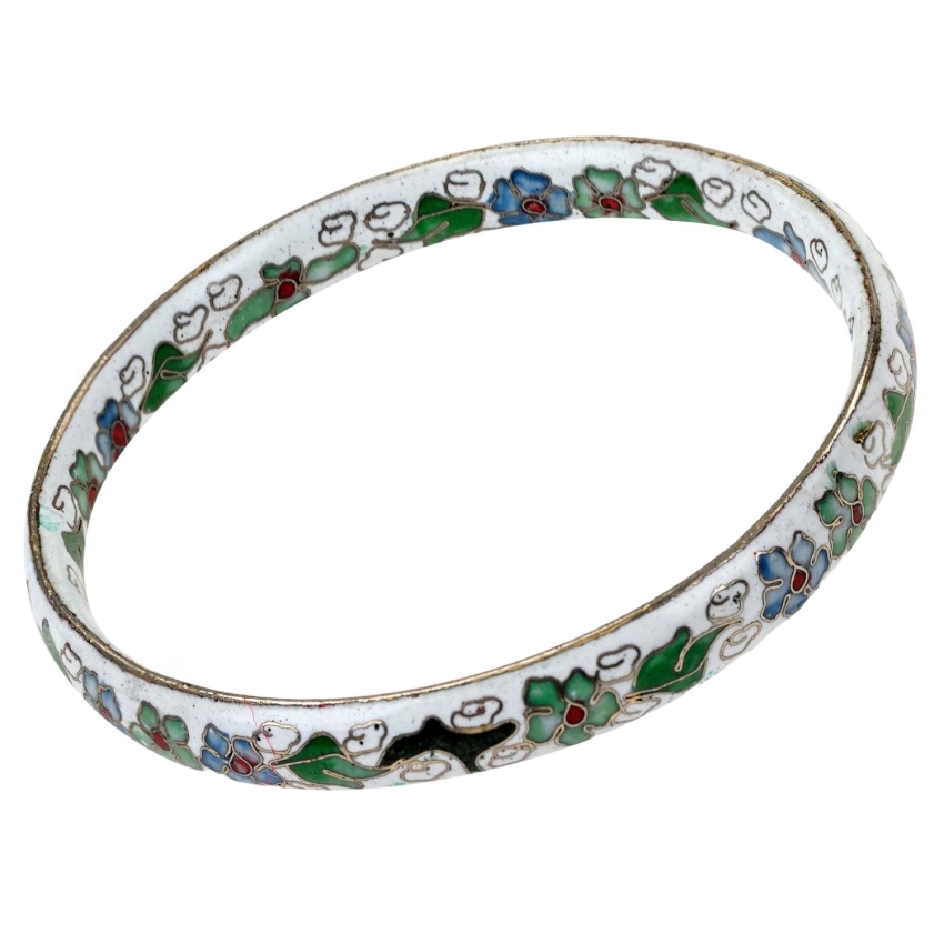 74425 CHINKA PIĘKNA BRANSOLETA EMALIA KOMÓRKOWA CLOISONNE BIAŁA KOLOROWE KWIATY (1).jpg