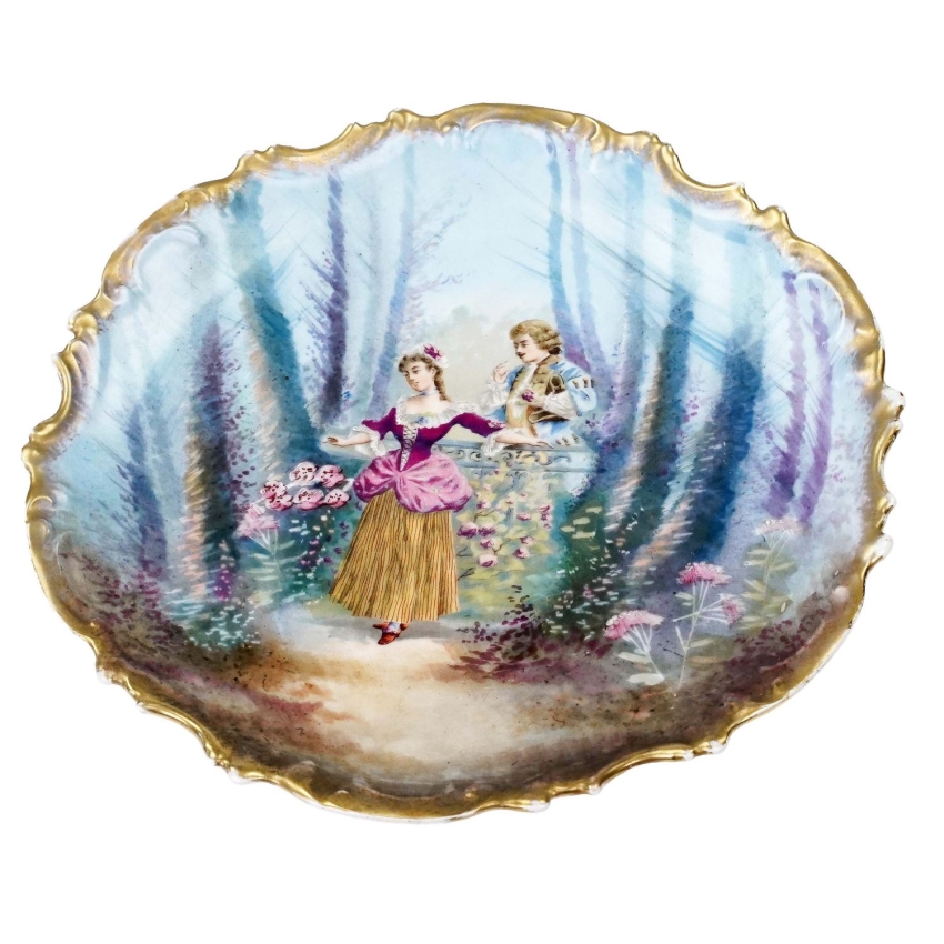 74670 SECESJA CUDOWNA RĘCZNIE MALOWANA PATERA DAMA Z KAWALEREM (1).jpg