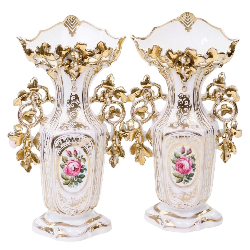 74674 VIEUX PARIS STARY PARYŻ PARA STAREŃKICH PORCELANOWYCH WAZONÓW RĘCZNIE MALOWANYCH (1).jpg