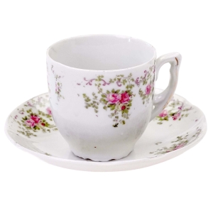 MAŁA FILIŻANKA ZE SPODKIEM W DROBNE RÓŻYCZKI