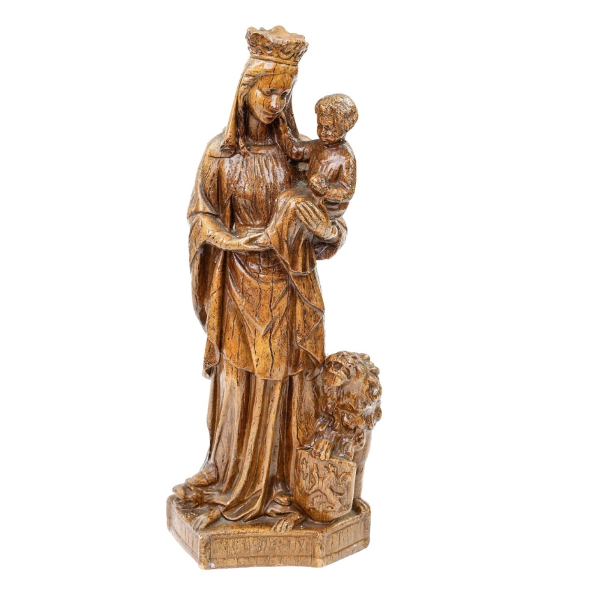 74909 ANTYCZNA FIGURA MATKI BOSKIEJ Z DZIECIĄTKIEM I LWEM Z TARCZĄ FLANDRII (1).jpg