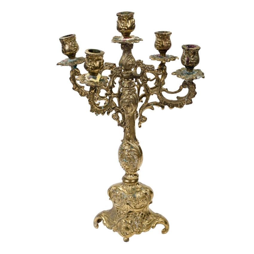 74912 SOLIDNY PIĘKNY DEKORACYJNY MOSIĘŻNY KANDELABR ŚWIECZNIK NA 5 ŚWIEC (1).jpg