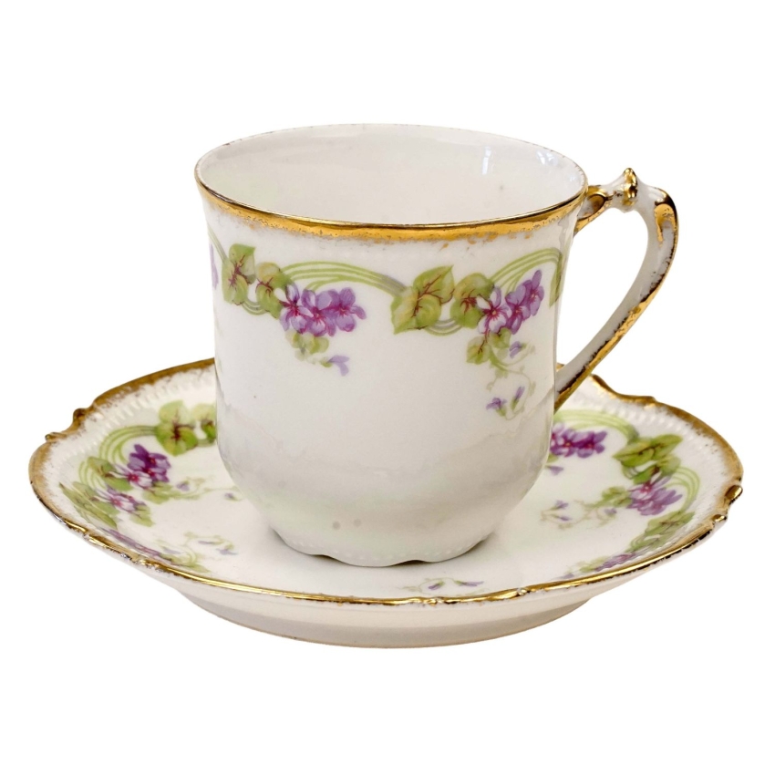 74936 LIMOGES MAVALEIXGRANGER SECESJA FILIŻANKA ZE SPODKIEM FIOŁKI FIOŁECZKI (1).jpg