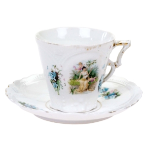 75324 ŚLICZNA SECESYJNA FILIŻANKA ZE SPODKIEM SCENKA Z NIMFĄ I AMORKIEM NIEZAPOMINAJKI (1).jpg