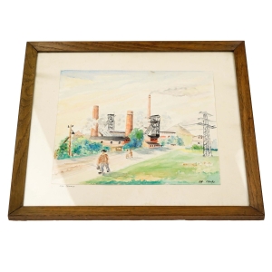 75344 AKWARELA ZA SZKŁEM PEJZAŻ PRZEMYSŁOWY KOPALNIA IGNACY RYBNIK 1949 ROK (1).jpg