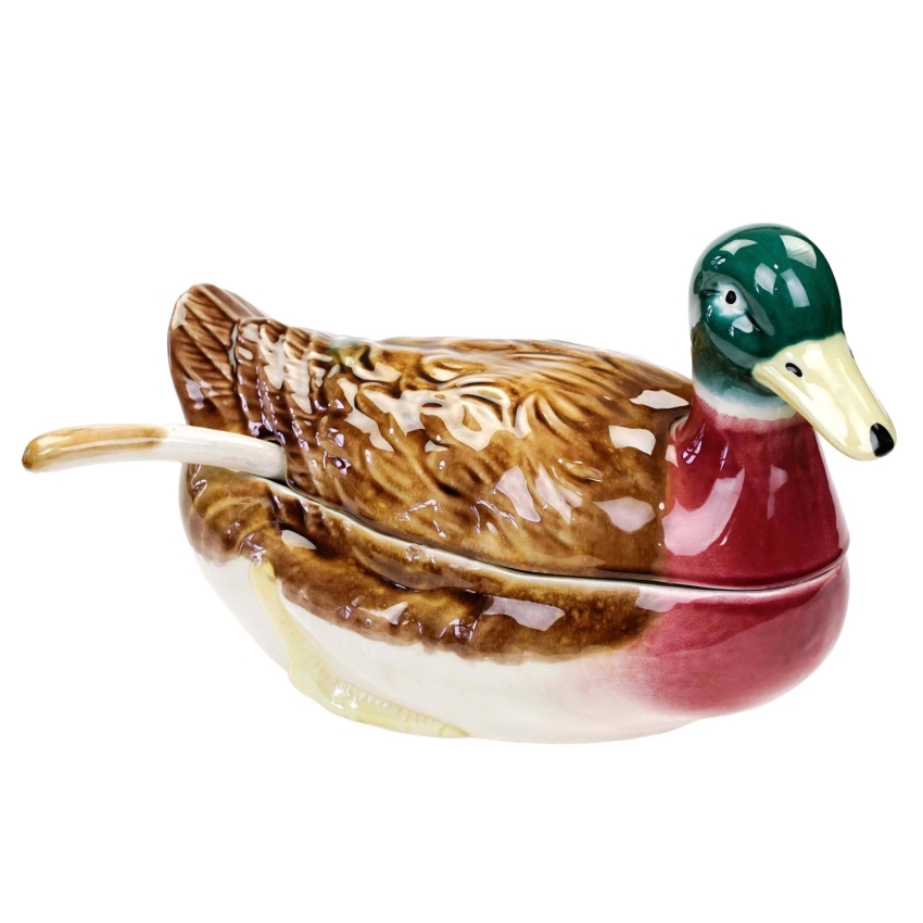 75398 PORTUGALIA CERAMICZNA WAZA TERYNA W KSZTAŁCIE KACZKI Z CHOCHLĄ (1).jpg