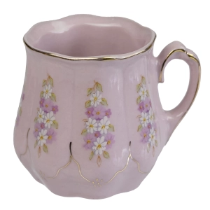 BOHEMIA ŚLICZNY PĘKATY KUBEK FILIŻANKA Z RÓŻOWEJ PORCELANY DELIKATNE KWIATY