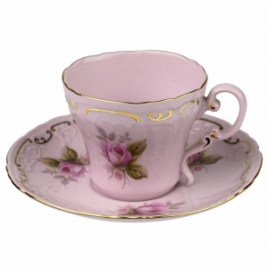 LEANDER ELA FILIŻANKA ZE SPODKIEM Z RÓŻOWEJ PORCELANY RÓŻE
