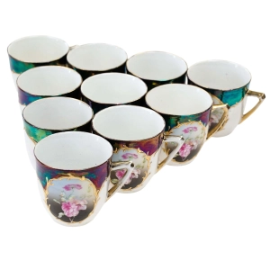 BERLIN ZABYTKOWY OPALIZOWANY RĘCZNIE MALOWANY KOMPLET 10 FILIŻANEK KWIATOWY MEDALION