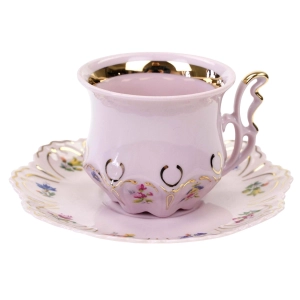 CHODOV LENKA FILIŻANKA ZE SPODKIEM Z RÓŻOWEJ PORCELANY KOLOROWE KWIATECZKI