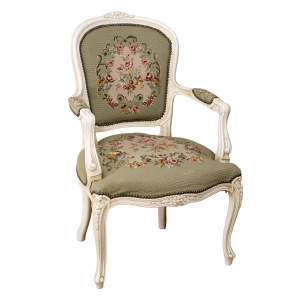 STYLOWY FOTEL KRZESŁO Z PODŁOKIETNIKAMI SELEDYNOWY HAFT GOBELINOWY WZÓR W KWIATY