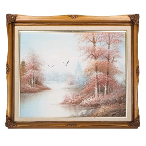 OLEJ NA PŁÓTNIE PEJZAŻ ZIMOWY W OZDOBNEJ ZŁOTEJ RAMIE SYGNOWANY