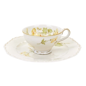 SORAU ŻARY KOŚĆ SŁONIOWA FILIŻANKA Z TALERZEM DESEROWYM ŻÓŁTE KWIATY/FORSYCJE