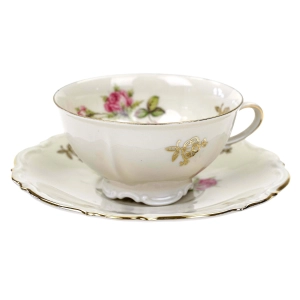 MITTERTEICH KOŚĆ SŁONIOWA RÓŻE I ZŁOTE KWIATY FILIŻANKA ZE SPODKIEM