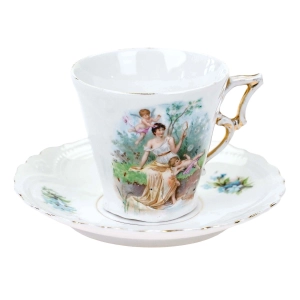 ŚLICZNA SECESYJNA FILIŻANKA ZE SPODKIEM SCENKA Z NIMFĄ I AMORKIEM NIEZAPOMINAJKI