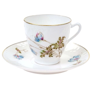 SECESJA FILIŻANKA ZE SPODKIEM RĘCZNIE MALOWANE BŁĘKITNE KWIATY